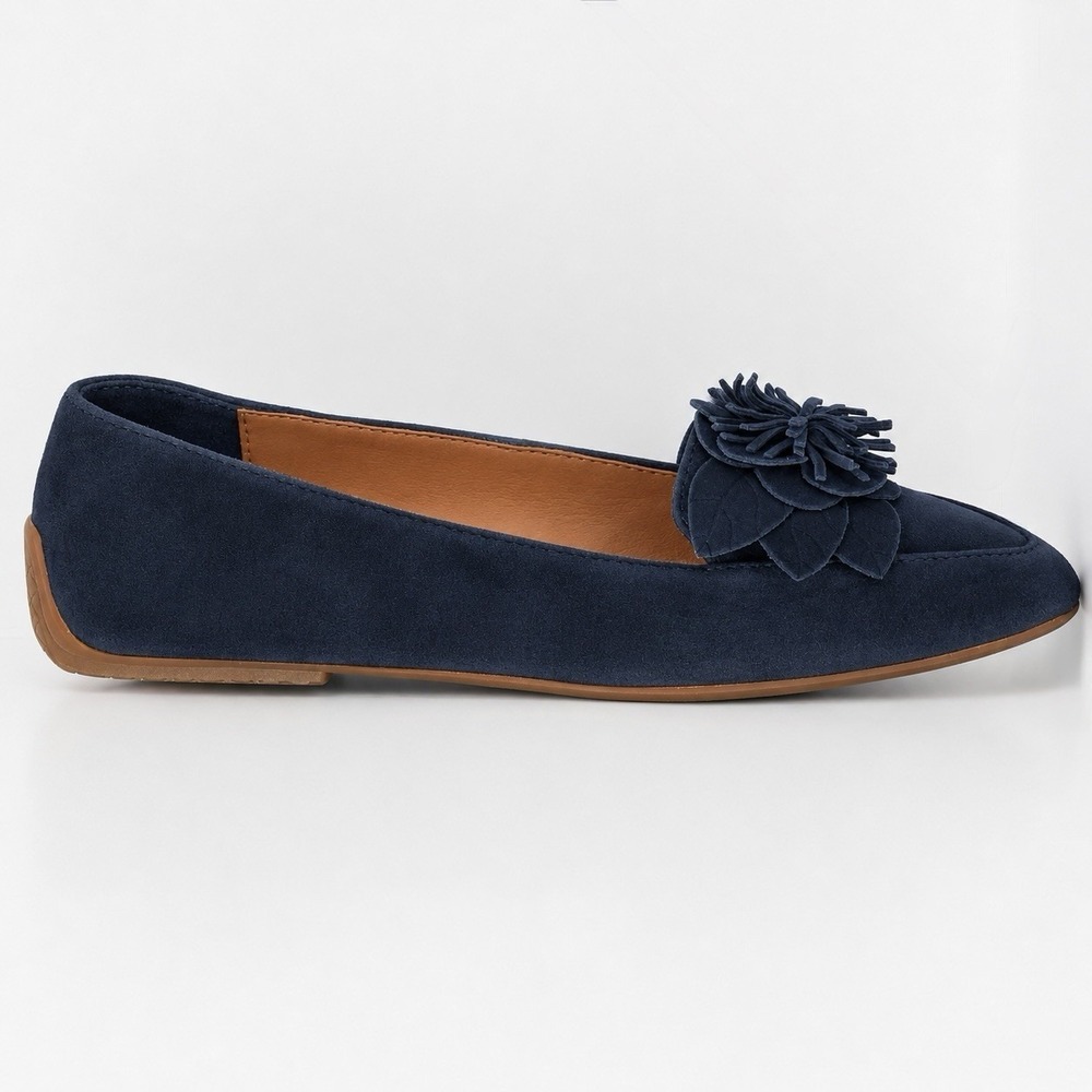 Talbots Navy Suede Leather Loafer Flats Womens 8M 3D Flower Pointed Toe Office